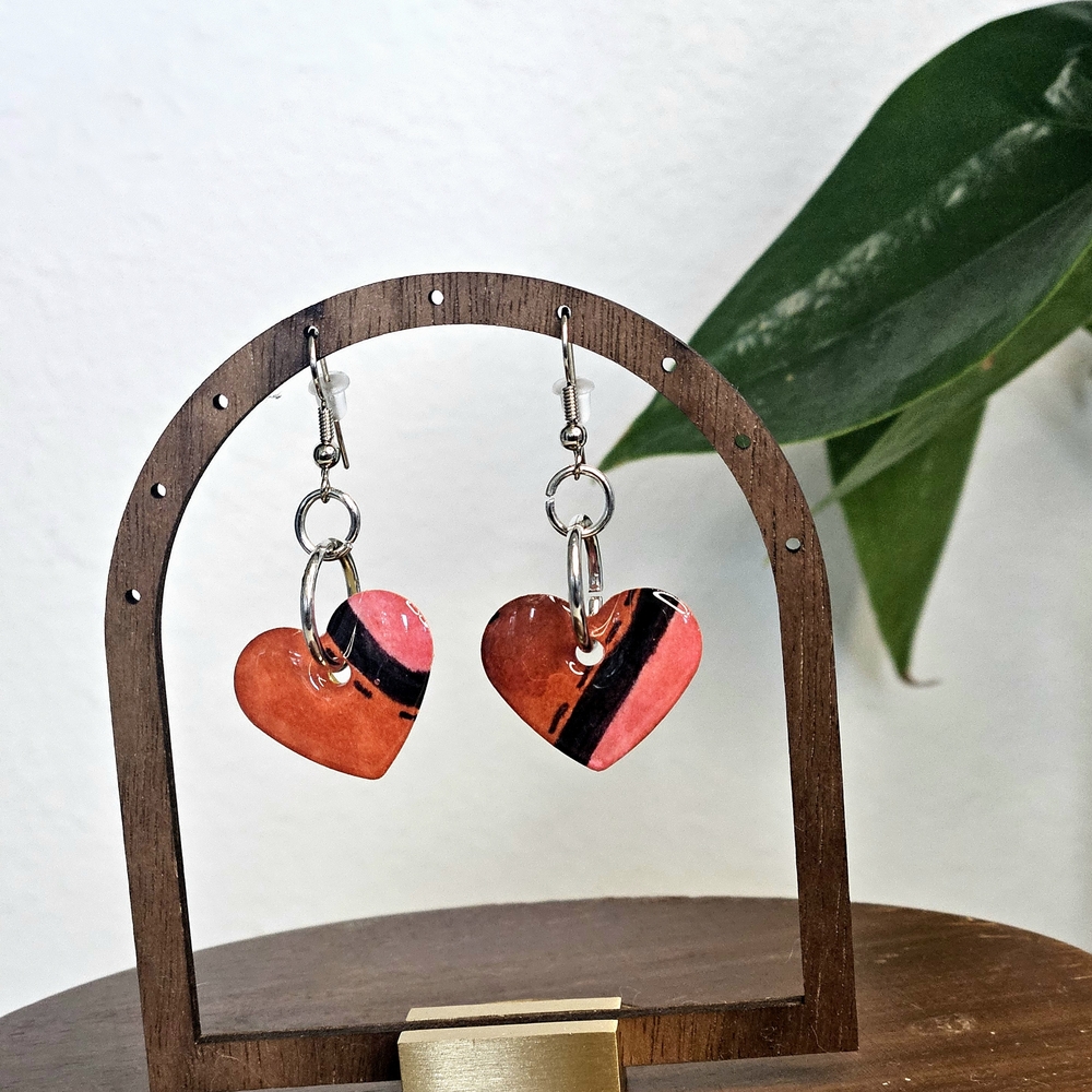 Handmade Heart Drop,Paper Encapsilated In Resin, Pink And Rust Colored Earrings